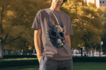 Floral Skull – Artistic Street Style T-Shirt - Charcoal Grey (Size-L)