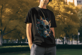 Floral Skull – Bold Graphic T-Shirt - Black (Size-L)