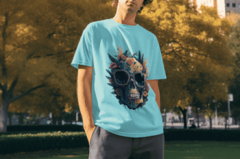 Floral Skull – Vibrant Artistic T-Shirt - Sky Blue (Size-M)