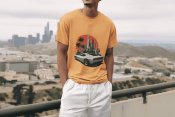 Retro Drive – Sunset Muscle Car Graphic T-Shirt - Mustard Yellow (Size-L)