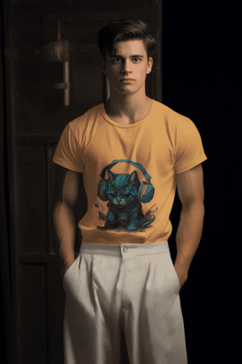 Cyber Kitty – Headphone Cat Graphic T-Shirt-Mustard Yellow (Size-L)