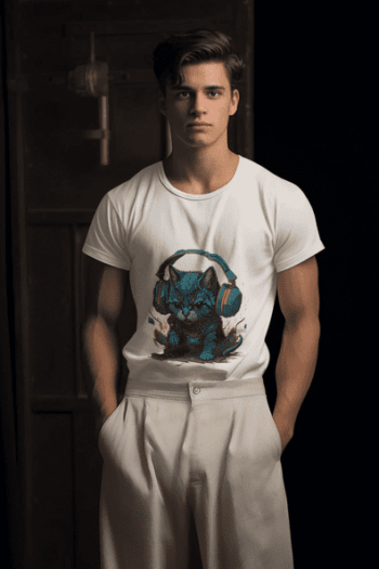 Cyber Kitty – Headphone Cat Graphic T-Shirt-White (Size-L)