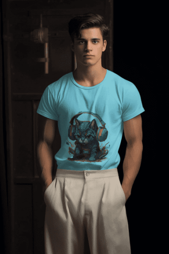 Cyber Kitty – Headphone Cat Graphic T-Shirt-Sky Blue (Size-L)