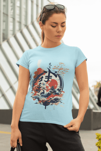 Japanese Wave & Temple Graphic T-Shirt – Sky Blue (Size-L)