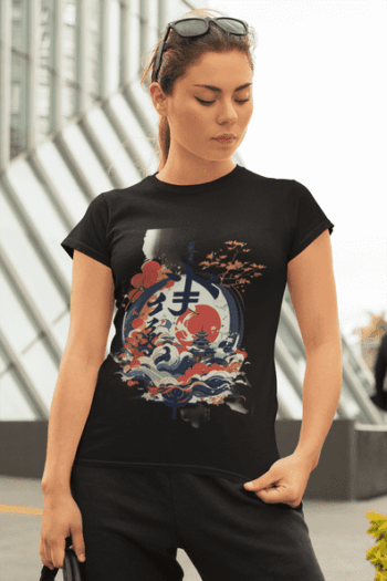 Japanese Temple & Wave Art T-Shirt – Black (Size-L)