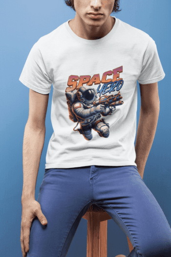 “Space Hero” Sci-Fi Astronaut Graphic White T-Shirt (Size-L)