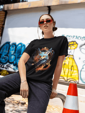Mystic Fox – Neon Flame Graphic T-Shirt-Black (Size-L)