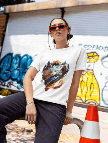 Mystic Fox – Fantasy Flame Graphic T-Shirt-White (Size-L)