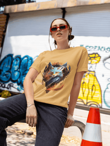 Mystic Fox – Flame Aura Graphic T-Shirt-Beige Yellow (Size-L)
