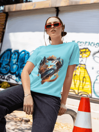 Mystic Fox – Flame Spirit Graphic T-Shirt-Sky Blue (Size-L)