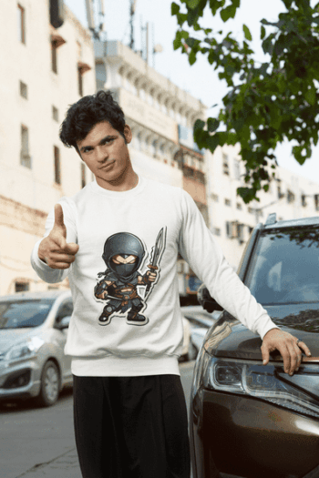 Cartoon Ninja Warrior Sweatshirt – White (Size-L)