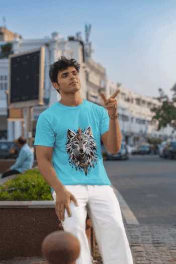 Tribal Wolf Graphic T-Shirt – Sky Blue(Size-L)