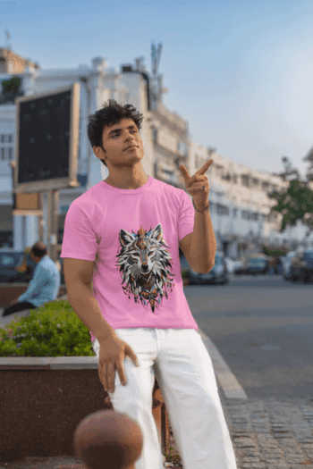 Tribal Wolf Graphic T-Shirt – Pink(Size-L)