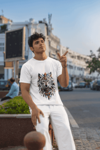 Tribal Wolf Graphic T-Shirt – White(Size-L)