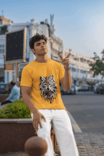 Tribal Wolf Graphic T-Shirt – Mustard Yellow(Size-L)