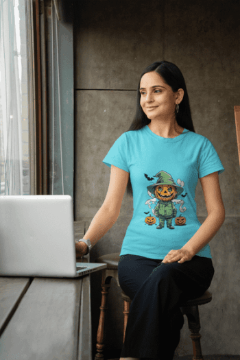 Pumpkin Wizard Halloween T-Shirt – Sky Blue(Size-M)