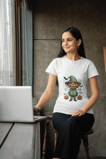 Pumpkin Wizard Halloween T-Shirt – White(Size-L)
