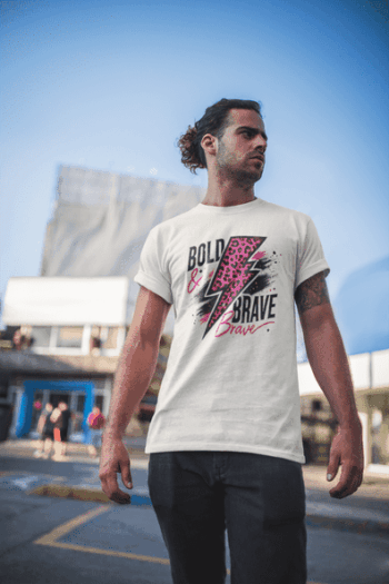 “Bold & Brave” Lightning Bolt Graphic Tee – White Edition (Size-S)