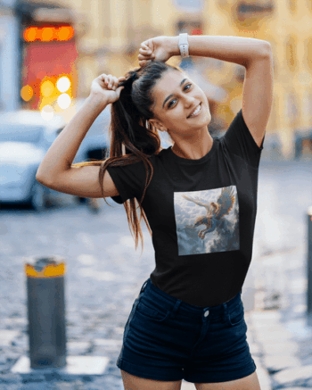 “Celestial Flight” Angel Graphic Tee – Black Edition (Size-L)