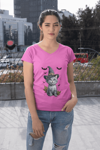 Halloween Witch Cat T-Shirt – Candy Pink(Size-L)