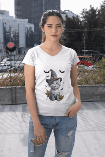 Halloween Witch Cat T-Shirt – White(Size-L)