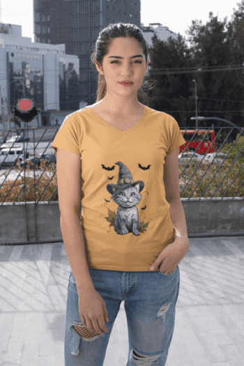 Halloween Witch Cat T-Shirt – Mustard Yellow(Size-M)