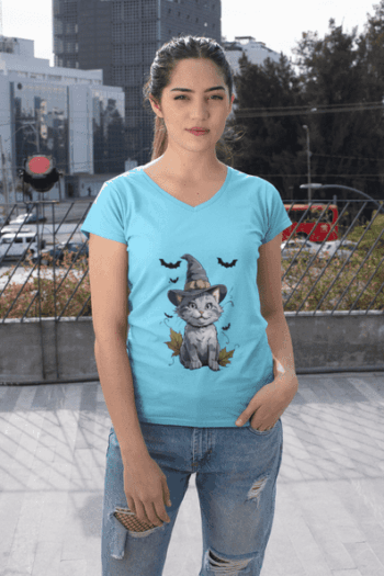 Halloween Witch Cat T-Shirt – Sky Blue(Size-L)