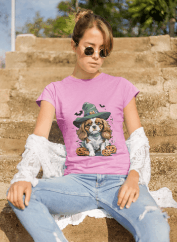 Witchy Spaniel Halloween Tee – Pink Edition (Size-L)