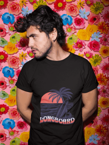 Longboard Sunset Surf Jet Black T-Shirt (Size-XXL)