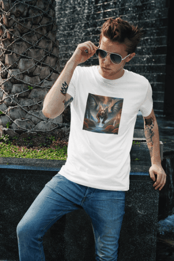 Men's White Dragon Realm T-Shirt – Mythical Fantasy Graphic Tee-White (Size-L)
