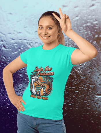 Women's Aqua Blue "Join the Pelicans" Graphic T-Shirt (Size-L)
