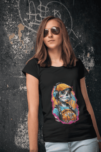 Urban Skull Girl Graphic T-Shirt - Black (Size-L)