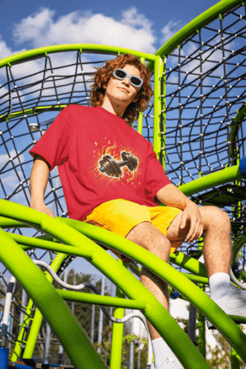 Flaming Dumbbell Graphic T-Shirt – Red (Size-XXL)