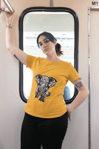 Tribal Elephant Graphic T-Shirt – Mustard Yellow(Size-L)
