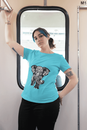 Tribal Elephant Graphic T-Shirt – Aqua Blue(Size-L)
