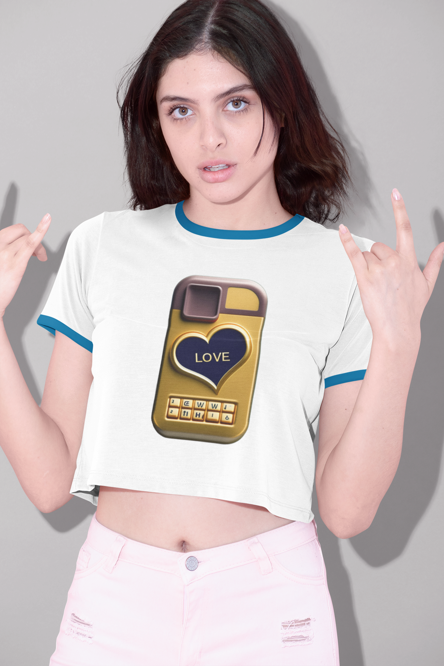 Retro Love Emoji Phone Crop Top – White & Blue (Size-L)
