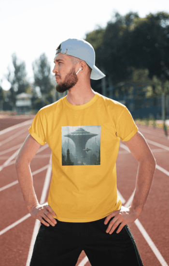 Men's Yellow "Futuristic Skyline" Graphic T-Shirt (Size-S)