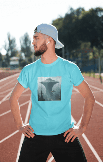 Men's Sky Blue Round Neck T-Shirt with Futuristic Cityscape Print (Size-L)