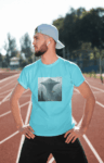 Men's Sky Blue Round Neck T-Shirt with Futuristic Cityscape Print (Size-XL)