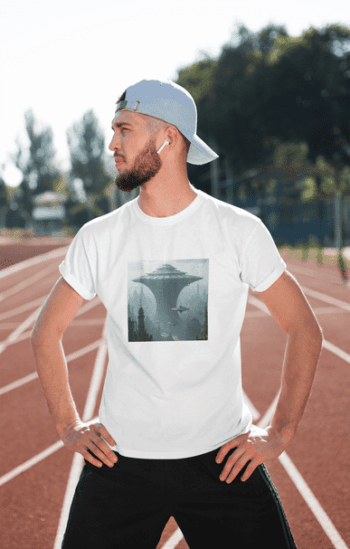 Men's White Round Neck T-Shirt with Futuristic Cityscape Print (Size-XXL)