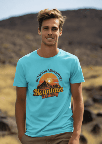 Men's Sky Blue Round Neck Outdoor Adventure T-Shirt - "Mountain Is Calling" (Size-S)