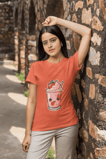 Kawaii Strawberry Shake Graphic T-Shirt – Coral Red(Size-L)