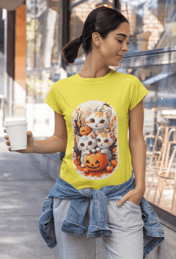 Halloween Kittens Pumpkin Party T-Shirt – Bright Yellow(Size-L)