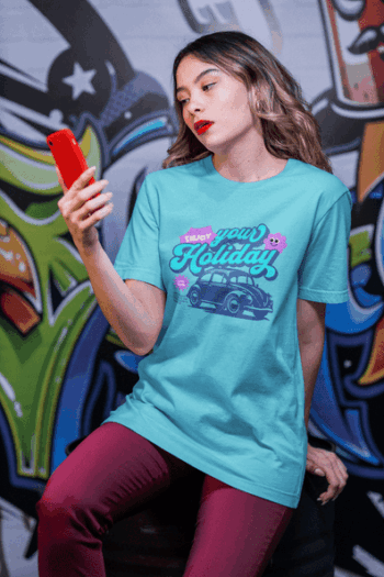 Women's "Enjoy Your Holiday" Retro Car Graphic T-Shirt – Turquoise Blue Edition (Size-XXL)
