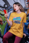 Women's "Enjoy Your Holiday" Retro Car Graphic T-Shirt – Mustard Yellow Edition (Size-XXL)
