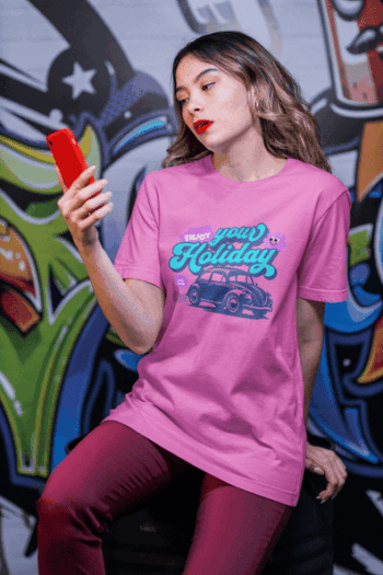 Women's "Enjoy Your Holiday" Retro Car Graphic T-Shirt – Pink Edition (Size-S)