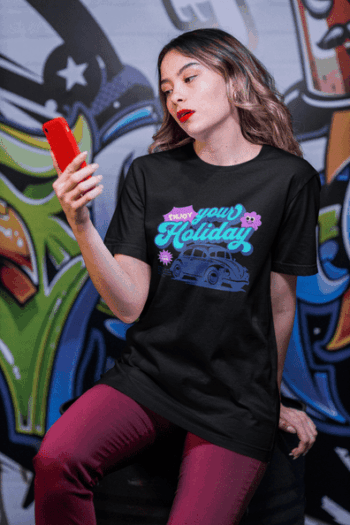 Women's "Enjoy Your Holiday" Retro Car Graphic T-Shirt – Black Edition (Size-L)