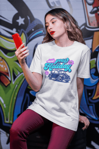 Women's "Enjoy Your Holiday" Retro Car Graphic T-Shirt-White (Size-L)