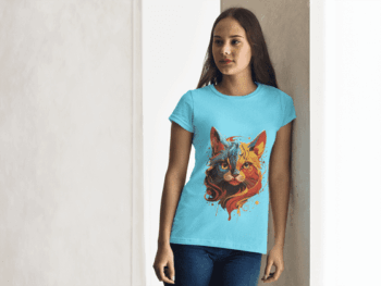 Vibrant Cat Splash Art T-Shirt – Sky Blue(Size-L)