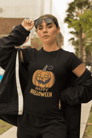 Happy Halloween Pumpkin Black T-Shirt (Size-L)